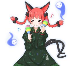 Rule 34 | &gt; &lt;, 10s, 1girl, :3, animal ears, beamed quavers, blue fire, braid, cat ears, cat tail, dress, extra ears, closed eyes, fire, floating skull, green dress, hoshizora rin, instrument, juliet sleeves, kaenbyou rin, long hair, long sleeves, love live!, love live! school idol project, maracas, mofu mofu, multiple tails, musical note, name connection, puffy sleeves, quaver, red hair, solo, tail, touhou, twin braids