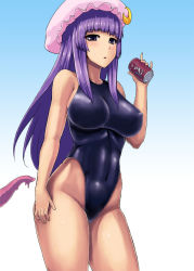 Rule 34 | 1girl, bare legs, bare shoulders, breasts, competition swimsuit, covered erect nipples, crescent, hat, highleg, highleg swimsuit, ishimiso (ishimura), large breasts, long hair, looking at viewer, navel, one-piece swimsuit, patchouli knowledge, purple eyes, purple hair, school swimsuit, simple background, skin tight, solo, swimsuit, tentacles, touhou, very long hair, white background