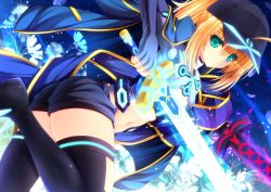 Rule 34 | 1girl, ahoge, aqua eyes, artoria pendragon (all), artoria pendragon (fate), baseball cap, black thighhighs, blonde hair, blue jacket, blue scarf, dual wielding, excalibur (fate/stay night), excalibur morgan (fate), fate/grand order, fate (series), hat, holding, holding sword, holding weapon, jacket, long sleeves, mysterious heroine x (fate), open clothes, open shorts, ponytail, rojiura satsuki : chapter heroine sanctuary, saber (fate), scarf, shocchan (sanymph), shorts, sidelocks, solo, sword, thighhighs, track jacket, weapon, wristband