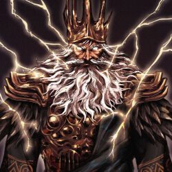 Rule 34 | 1boy, absurdres, armor, artist name, beard, commentary, crown, dark souls (series), dark souls i, english commentary, facial hair, gold armor, gwyn lord of cinder, gwyn lord of sunlight, hair between eyes, highres, lightning, long beard, long hair, looking at viewer, menaslg, solo, tall crown, weapon, white eyes, white hair