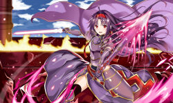 Rule 34 | 1girl, armor, belt, blush, chest armor, cloud, commentary request, debris, fire, headband, highres, holding, holding sword, holding weapon, kirisameaoto, long hair, looking at viewer, open mouth, purple hair, red belt, red eyes, red headband, shoulder armor, solo, sword, sword art online, weapon, yuuki (sao)