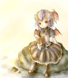 Rule 34 | 1girl, amano jack, bad id, bad pixiv id, book, boots, child, curiosities of lotus asia, dress, female focus, full body, head wings, multicolored hair, red eyes, shoes, sitting, solo, tokiko (touhou), touhou, white hair, wings