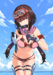 Rule 34 | 1girl, absurdres, bare shoulders, bikini, black bikini, black gloves, black hair, blush, breasts, brown hair, character cutout, cleavage, commentary request, day, fate/grand order, fate (series), gloves, goggles, goggles on head, gun, highres, in mouth, kaname (melaninusa09), large breasts, long hair, looking at viewer, magazine (weapon), navel, ocean, osakabehime (fate), osakabehime (swimsuit archer) (fate), osakabehime (swimsuit archer) (second ascension) (fate), outdoors, pink bikini, purple eyes, ski goggles, solo, swimsuit, thigh strap, twintails, water, weapon
