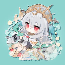 Rule 34 | 1girl, :o, aqua background, aqua ribbon, arknights, black dress, blush, boots, chibi, dress, full body, hair between eyes, headgear, long hair, looking at viewer, low tied hair, low twintails, official alternate costume, red eyes, renren, ribbon, simple background, skadi (arknights), skadi the corrupting heart (arknights), skadi the corrupting heart (sublimation) (arknights), solo, twintails, yellow footwear