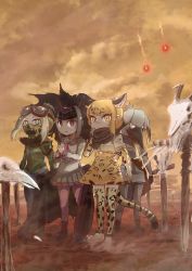 Rule 34 | 4girls, absurdres, animal ears, arm at side, arms at sides, bandana, bandana over mouth, bat ears, bat wings, bird tail, black eyes, black gloves, black hair, blonde hair, bodystocking, breast pocket, cloud, cloudy sky, common vampire bat (kemono friends), covered mouth, day, desert, dust, extra ears, fangs, fuji takanasu, full body, gloves, goggles, goggles on head, green eyes, green hair, grey hair, grey shirt, grey shorts, hair between eyes, hand up, hands up, high-waist skirt, highres, holding, holding umbrella, jacket, jaguar (kemono friends), jaguar ears, jaguar print, jaguar tail, kemono friends, layered sleeves, long hair, long sleeves, looking at viewer, low ponytail, mask, multicolored hair, multiple girls, necktie, outdoors, pants, pantyhose, parted lips, pink pupils, pocket, post-apocalypse, print gloves, print legwear, print skirt, saltwater crocodile (kemono friends), scarf, shirt, shoebill (kemono friends), shoes, short hair, short over long sleeves, short sleeves, shorts, side ponytail, sidelocks, skirt, skull, sky, slit pupils, standing, tail, thighhighs, torn umbrella, umbrella, wind, wings, yellow eyes, zettai ryouiki