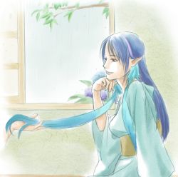 Rule 34 | 00s, 1girl, androgynous, blue hair, indoors, japanese clothes, judith (tales), june rainydays, kimono, long hair, official alternate costume, pointy ears, red eyes, sky, smile, solo, tales of (series), tales of vesperia, window