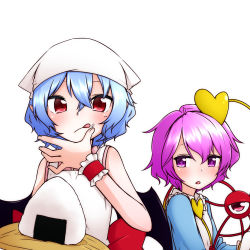 Rule 34 | 2girls, apron, bare arms, bat wings, blue hair, food, food on face, head scarf, heart, kameyan, komeiji satori, licking, licking finger, light purple hair, looking at another, looking at viewer, multiple girls, onigiri, purple eyes, red eyes, remilia scarlet, rice, rice on face, shirt, short hair, simple background, sleeveless, sleeveless shirt, slit pupils, third eye, touhou, triangle mouth, white background, wings, wrist cuffs