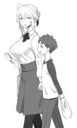 Rule 34 | 1boy, 1girl, :d, age difference, aged down, aged up, ahoge, alternate breast size, artoria pendragon (all), artoria pendragon (fate), braid, breasts, child, fate/stay night, fate (series), from side, gomu (chewinggom), greyscale, hair bun, hand grab, holding hands, large breasts, long sleeves, mature female, monochrome, neck ribbon, onee-shota, open mouth, pants, pantyhose, raglan sleeves, ribbon, saber (fate), shirt, sidelocks, sideways mouth, single hair bun, skirt, smile, walking