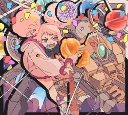 Rule 34 | 1girl, 2shito tuniji, afro puffs, asticassia school uniform, baseball bat, candy, chuatury panlunch, commentary, confetti, demi barding, food, food in mouth, gundam, gundam suisei no majo, holding, holding baseball bat, holding weapon, hood, hoodie, lollipop, long sleeves, mecha, nail, nail bat, open clothes, open mouth, pink eyes, pink hair, pink hoodie, pink socks, puffy long sleeves, puffy sleeves, robot, school uniform, shoes, sneakers, socks, solo, sparkle, symbol-only commentary, v-shaped eyebrows, weapon, white footwear