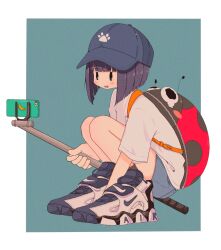 Rule 34 | 1girl, aqua background, backpack, bag, baseball cap, black eyes, blue hat, blunt bangs, blunt ends, border, bug, cellphone, from side, full body, hat, highres, holding, holding stick, insect, ladybug, nao97122, nike (company), open mouth, original, outside border, paw print, phone, purple hair, selfie stick, shirt, shoes, short hair, short sleeves, simple background, smartphone, sneakers, solo, squatting, stick, straight hair, t-shirt, taking picture, white border, white footwear, white shirt