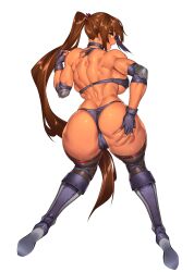 Rule 34 | 1girl, absurdres, ass, ass grab, boots, breasts, brown hair, cameltoe, cleft of venus, collar, curvy, dark-skinned female, dark skin, elbow pads, fingerless gloves, from behind, gakuen taisen valkyries, gloves, grabbing own ass, hand on own ass, head out of frame, highres, huge ass, huge breasts, ilse valentine, large breasts, long hair, muscular, muscular female, nanashi no touhoku kenjin, panties, partially visible vulva, ponytail, same ningen, solo, sweat, thick thighs, thigh boots, thighhighs, thighs, underwear, very long hair