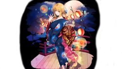 Rule 34 | blonde hair, blue kimono, breasts, highres, japanese clothes, ju 87 (ash arms), ju 87 demon king of the festival flower (ash arms), kimono, large breasts, looking at viewer, night, night sky, non-web source, open clothes, short hair, sky, smile