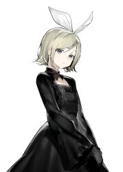 Rule 34 | 1girl, black bow, black dress, blonde hair, blue eyes, bow, bowtie, brown bow, brown bowtie, closed mouth, collared dress, commentary, dress, dress bow, frills, hair between eyes, hair ornament, hairband, hairclip, highres, kagamine rin, long sleeves, looking at viewer, mo011010, ribbon, short hair, sidelocks, simple background, solo, standing, vocaloid, white background, white hairband, white ribbon, wide sleeves