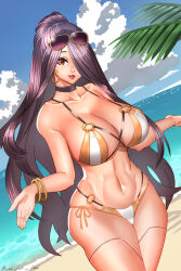 Rule 34 | 1girl, action taimanin, beach, bikini, breasts, brown eyes, cleavage, curvy, earrings, fuuma saika, hair over one eye, highres, jewelry, kujouin atsuro, large breasts, lipstick, long hair, makeup, mole, mole under mouth, ocean, outdoors, purple hair, smile, solo, sunglasses on head, swimsuit, taimanin (series), thick thighs, thighs, very long hair, wide hips