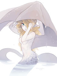 Rule 34 | 1girl, blonde hair, breasts, female focus, gills, hair over one eye, lamia, monster girl, no nipples, original, partially submerged, pointy ears, sea serpent, solo, twitter username, water, wings, yamanobe