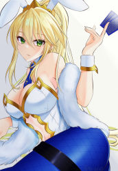 Rule 34 | 1girl, artist name, artoria pendragon (all), artoria pendragon (fate), artoria pendragon (swimsuit ruler) (fate), bare arms, bare shoulders, between breasts, blood, blue necktie, blue pantyhose, breasts, card, cleavage, commentary, detached collar, dot nose, fate/grand order, fate (series), fishnet pantyhose, fishnets, fur scarf, gold trim, green eyes, hair between eyes, hand up, highres, holding, holding card, large breasts, leotard, long hair, lying, navel, necktie, necktie between breasts, on side, pantyhose, playboy bunny, solo, strapless, strapless leotard, thigh strap, thighs, very long hair, wa layla, wrist cuffs