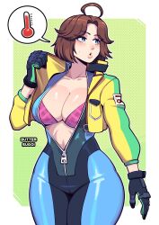 Rule 34 | 1girl, :o, absurdres, ahoge, artist name, biker clothes, bikesuit, bikini, bikini under clothes, black gloves, blue eyes, blush, bodysuit, borrowed character, bra, breasts, brown hair, butter sugoi, character request, cleavage, collarbone, copyright request, cowboy shot, curvy, gloves, green jacket, highres, hot, jacket, large breasts, lips, long sleeves, looking away, looking to the side, medium hair, open bodysuit, open clothes, open jacket, open mouth, parted bangs, parted lips, partially unzipped, pink bikini, puckered lips, skin tight, solo, speech bubble, standing, sweat, sweatdrop, swimsuit, thermometer, thick thighs, thighs, underwear, unzipped, wide hips, yellow jacket, zipper, zipper pull tab