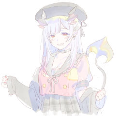 Rule 34 | 1girl, belt collar, beret, black hat, black jacket, black sailor collar, blunt bangs, blush, bow, bow earrings, breasts, buttons, cleavage, collar, cropped shirt, demon girl, demon horns, demon tail, dot nose, double-breasted, earrings, enkyo yuuichirou, fingernails, grey hair, grin, hat, highres, honey strap, horns, jacket, jacket partially removed, jewelry, long hair, looking at viewer, nail polish, nanashi inc., neck ribbon, off shoulder, pale color, pointy ears, red eyes, red nails, red shirt, ribbon, sailor collar, shirt, simple background, sleeves past wrists, smile, solo, suou patra, tail, upper body, virtual youtuber, white background