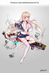 Rule 34 | 6+girls, blonde hair, blue eyes, breasts, burning, character name, copyright name, damaged, enterprise (warship girls r), fairy (warship girls r), firefighter, flight deck, full body, g.h (gogetsu), grey background, highres, hose, large breasts, long hair, looking at viewer, low-tied long hair, mecha musume, mini person, minigirl, miniskirt, multiple girls, navel, official art, skirt, smoke, text focus, thighhighs, torn clothes, torn legwear, torn skirt, uss enterprise (cv-6), very long hair, warship girls r, white legwear