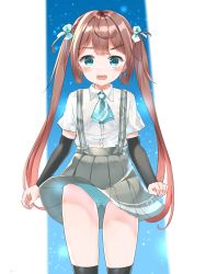 Rule 34 | 1girl, aqua eyes, aqua panties, arm warmers, asagumo (kancolle), ascot, black thighhighs, blue ascot, blue background, brown hair, collared shirt, gluteal fold, hair between eyes, hair ribbon, highres, kantai collection, long hair, makiyuki, open mouth, over-kneehighs, panties, pleated skirt, ribbon, shirt, skirt, solo, suspenders, thighhighs, twintails, underwear, white background, white shirt