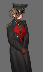 Rule 34 | 1girl, absurdres, belt, black belt, black coat, brown gloves, buttons, coat, cowboy shot, cross, epaulettes, germany, gloves, hat, hearts of iron, highres, iron cross, kaiserreich, light brown hair, military, military hat, military uniform, monocle, pzkpfwi, solo, trench coat, uniform, white eyes