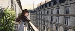 Rule 34 | 1girl, balcony, black shirt, brown hair, building, closed mouth, collared shirt, crossed arms, day, elisia valfelto, from side, hair between eyes, hair intakes, highres, long hair, long sleeves, looking at viewer, looking to the side, luicent, original, outdoors, shirt, skirt, smile, solo, very long hair, white skirt, window