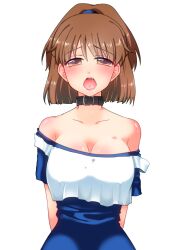 Rule 34 | 1girl, arle nadja, blue skirt, blush, breasts, brown hair, collar, large breasts, looking at viewer, madou monogatari, open mouth, ponytail, puyopuyo, ri25to, saliva, simple background, skirt, solo, white background, yellow eyes