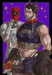 2boys abs absurdres animal_ears animal_hands bandaged_arm bandaged_hand bandaged_leg bandages beard blush brown_hair camcorder camera chain chain_leash chest_hair chibi claw_(weapon) collar commentary_request cosplay crop_top crossdressing deadpool deadpool_&amp;_wolverine deadpool_(series) facial_hair fishnet_pantyhose fishnets fur_trim green_eyes halloween_costume highleg highleg_panties highres holding holding_camera immjb5x8u9akn7a large_pectorals leash looking_at_another male_focus marvel marvel_cinematic_universe mask mature_male multiple_boys mummy_costume muscular muscular_male naked_bandage navel navel_hair open_mouth panties pantyhose pectorals purple_skirt red_mask scar scars_all_over short_hair skirt stomach tail teeth thighs too_many underwear video_camera weapon werewolf_costume wolf_ears wolf_tail wolverine_(x-men) x-men yaoi