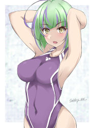 Rule 34 | 1girl, ahoge, antenna hair, arms behind head, bob cut, breasts, competition swimsuit, cowboy shot, gakky, green hair, impossible clothes, impossible swimsuit, inverted bob, kantai collection, medium breasts, multicolored hair, one-hour drawing challenge, one-piece swimsuit, orange eyes, purple hair, purple one-piece swimsuit, short hair, solo, streaked hair, swimsuit, take (kancolle)
