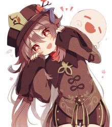 Rule 34 | 1girl, :d, black shorts, boo tao (genshin impact), brown coat, brown hair, brown headwear, coat, commentary, cowboy shot, fang, flower, genshin impact, hair between eyes, hat, hat flower, head tilt, highres, hu tao (genshin impact), long hair, long sleeves, looking at viewer, mina (sio0616), nail polish, notice lines, open mouth, paw pose, plum blossoms, porkpie hat, red eyes, red nails, red shirt, shirt, shorts, simple background, skin fang, smile, speech bubble, star (symbol), very long hair, white background, wide sleeves