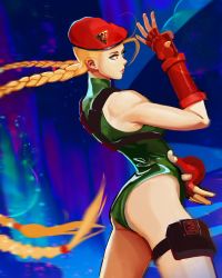 Rule 34 | 1girl, ass, bare shoulders, beret, blonde hair, blue eyes, braid, breasts, cammy white, chest harness, cowboy shot, fighting stance, fingerless gloves, fumezu1, gloves, green leotard, hand up, harness, hat, heattech leotard, highleg, highleg leotard, highres, holster, leotard, long hair, looking back, medium breasts, muscular, muscular female, pouch, red gloves, red hat, solo, street fighter, street fighter v, thigh holster, thigh pouch, thighs, turtleneck, twin braids