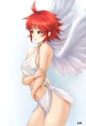 Rule 34 | 1girl, ahoge, angel wings, artist name, closed mouth, cowboy shot, deekei, feathered wings, fire emblem, fire emblem fates, groin, highres, hinoka (fire emblem), midriff, nintendo, no panties, red eyes, red hair, short hair, sleeveless, solo, standing, stomach, white wings, wings