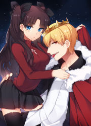 Rule 34 | 1boy, 1girl, black thighhighs, blonde hair, brown hair, cape, crown, earrings, fate/stay night, fate/zero, fate (series), gem, gilgamesh (fate), hair ornament, hair ribbon, jewelry, juugonichi (wheeliex2), long hair, looking at viewer, night, night sky, official alternate costume, red eyes, ribbon, skirt, sky, star (sky), starry sky, thighhighs, tohsaka rin, twintails, two side up