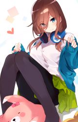 Rule 34 | 1girl, bad id, bad pixiv id, black pantyhose, blue cardigan, blue eyes, breasts, brown hair, cardigan, closed mouth, commentary request, go-toubun no hanayome, green skirt, hair between eyes, headphones, headphones around neck, highres, large breasts, legs, long sleeves, looking at viewer, medium hair, nakano miku, nanashi star, pantyhose, shirt, simple background, sitting, skirt, sleeves past wrists, smile, solo, thighs, white background, white shirt