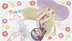 Rule 34 | 1girl, 2016, :o, bag, bare arms, blonde hair, blunt bangs, braid, creatures (company), dated, dress, duffel bag, floral background, game freak, green eyes, handbag, hat, highres, hinana37, leaf, lillie (pokemon), long hair, looking at viewer, nintendo, open mouth, pokemon, pokemon sm, signature, sleeveless, sleeveless dress, solo, sun hat, twin braids, white dress, white hat