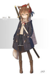 Rule 34 | 1girl, ahoge, animal ear fluff, animal ears, beret, black coat, black feathers, black skirt, blush, boots, brown footwear, brown hair, brown pantyhose, brown scarf, closed mouth, coat, commentary request, coreytaiyo, cross-laced footwear, dated, feathers, full body, glasses, green eyes, hand in pocket, hat, hat feather, highres, lace-up boots, long sleeves, looking at viewer, neck ribbon, open clothes, open coat, original, pantyhose, plaid, plaid scarf, pleated skirt, red-framed eyewear, red hat, red ribbon, ribbon, scarf, school uniform, shirt, signature, skirt, solo, standing, sweater vest, tail, traditional media, white shirt