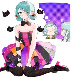Rule 34 | 2girls, :&gt;, aqua hair, bang dream!, bare shoulders, beanie, black bow, black bowtie, black footwear, black gloves, black pantyhose, blush, bow, bowtie, braid, breasts, closed mouth, collarbone, collared shirt, commentary, cropped torso, dress, dress shirt, fishnet pantyhose, fishnets, food-themed hair ornament, full body, gloves, green eyes, green jacket, grey headwear, grey jacket, hair between eyes, hair ornament, half gloves, hat, highres, hikawa hina, hikawa sayo, jacket, looking at another, looking at viewer, low twin braids, medium breasts, medium hair, multicolored clothes, multicolored dress, multiple girls, pantyhose, pumpkin hair ornament, shirt, siblings, sidelocks, simple background, sitting, strapless, strapless dress, sweatdrop, thought bubble, twin braids, twins, upper body, wariza, white background, white shirt, zihacheol, | |
