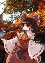 Rule 34 | 1girl, architecture, bow, brown hair, detached sleeves, east asian architecture, female focus, hair bow, hakurei reimu, hitsuji (artist), japanese clothes, miko, red eyes, short hair, shrine, solo, torii, touhou