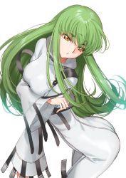 Rule 34 | 1girl, arched back, ass, back, breasts, brown eyes, c.c., code geass, creayus, green hair, long hair, medium breasts, parted lips, simple background, solo, standing, straitjacket, white background