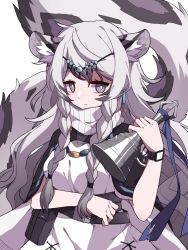 Rule 34 | 1girl, animal ear fluff, animal ears, arknights, bell, belt, bing zizi, braid, breasts, bright pupils, cape, closed mouth, commentary, dress, grey eyes, grey hair, highres, holding, jewelry, leopard ears, leopard tail, long hair, looking at viewer, medium breasts, necklace, pramanix (arknights), solo, tail, turtleneck, turtleneck dress, twin braids, very long hair, watch, white dress, white pupils, wristwatch