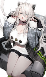 Rule 34 | 1girl, ahoge, amagasa yun, animal ears, belt collar, black nails, black shorts, breasts, claw pose, cleavage, collar, couch, cutoffs, ear piercing, eyes visible through hair, fingernails, grey hair, hair between eyes, hands up, highres, hololive, jacket, jewelry, large breasts, lion ears, lion girl, long fingernails, long hair, looking at viewer, nail polish, necklace, on couch, open clothes, open jacket, open mouth, piercing, shirt, shishiro botan, shishiro botan (casual), short shorts, shorts, sidelocks, simple background, sitting, sleeves past wrists, solo, thighs, virtual youtuber, white background, white shirt