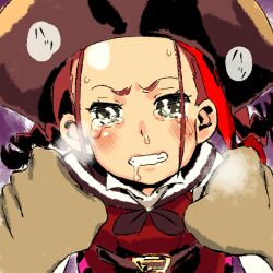 Rule 34 | 1girl, after kiss, belt, blush, breath, clenched teeth, eisu (eith), etrian odyssey, forehead, green eyes, hat, heavy breathing, long hair, pirate, pirate (sekaiju), pirate 4 (sekaiju), pirate costume, pirate hat, pov, purple background, red hair, saliva, simple background, steam, steaming body, tears, teeth, twintails