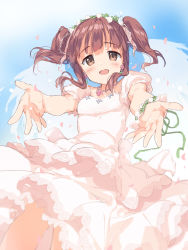 Rule 34 | 1girl, angel wings, breasts, brown eyes, brown hair, dress, ekolu, flower, foreshortening, from below, green ribbon, hair flower, hair ornament, highres, idolmaster, idolmaster cinderella girls, jewelry, light blush, looking at viewer, medium hair, necklace, ogata chieri, open mouth, pink dress, puffy short sleeves, puffy sleeves, ribbon, short sleeves, sidelocks, sky, small breasts, smile, solo, twintails, wings, wristband