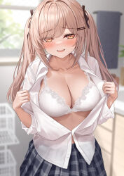 Rule 34 | 1girl, black ribbon, black skirt, blurry, blurry background, blush, bra, breasts, brown eyes, brown hair, cleavage, collarbone, collared shirt, commentary request, hair ornament, hair ribbon, hairclip, highres, indoors, large breasts, looking at viewer, monaka curl, original, parted lips, plaid, plaid skirt, ribbon, shirt, skirt, smile, solo, twintails, underwear, white bra, white shirt