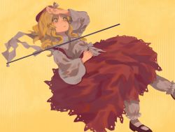 Rule 34 | 1girl, berabou, black footwear, blonde hair, closed mouth, detached sleeves, expressionless, gohei, hand on own head, hat, highres, long hair, long sleeves, looking away, lying, puffy sleeves, red hat, red skirt, shirt, shoes, simple background, skirt, touhou, underwear, wavy hair, white shirt