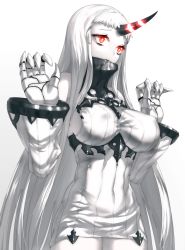 Rule 34 | 10s, 1girl, abyssal ship, bare shoulders, breasts, claws, detached sleeves, dress, covered erect nipples, horns, kantai collection, kfr, large breasts, long hair, md5 mismatch, open mouth, pale skin, red eyes, ribbed dress, seaport princess, short dress, sideboob, single horn, solo, sweater, sweater dress, very long hair, white hair
