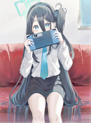 Rule 34 | 1girl, aris (blue archive), black hair, black hairband, black skirt, blue archive, blue eyes, blue necktie, blush, commentary, couch, covering own mouth, double-parted bangs, feet out of frame, green halo, hair between eyes, hairband, halo, handheld game console, highres, holding, holding handheld game console, indoors, long hair, long sleeves, looking at viewer, necktie, no.054 (adar5857), on couch, one side up, pleated skirt, shirt, sitting, skirt, solo, very long hair, white shirt