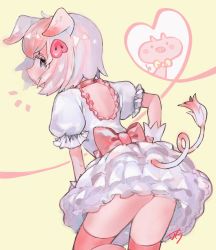 Rule 34 | 10s, 1girl, animal ears, back bow, black eyes, bow, commentary request, dress, from behind, gloves, hair ornament, hairclip, heart, highres, kemono friends, leaning forward, multicolored hair, noamem, petticoat, pig (kemono friends), pig ears, pig tail, pink bow, pink hair, pink thighhighs, puffy short sleeves, puffy sleeves, short hair, short sleeves, signature, silver hair, simple background, solo, tail, thighhighs, white dress, white gloves, yellow background
