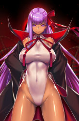 Rule 34 | &gt;:), 1girl, bare shoulders, bb (fate), bb (fate) (all), bb (swimsuit mooncancer) (fate), bb (swimsuit mooncancer) (third ascension) (fate), black coat, breasts, closed mouth, coat, commentary request, covered navel, cowboy shot, dark-skinned female, dark skin, fate/grand order, fate (series), gloves, gluteal fold, gradient background, groin, hair ribbon, hands on own hips, highleg, highleg leotard, highres, impossible clothes, impossible leotard, large breasts, leotard, long hair, long sleeves, looking at viewer, neck ribbon, open clothes, open coat, purple eyes, purple hair, red background, red ribbon, ribbon, single sidelock, skin tight, smile, solo, straight hair, takanashi-a, tentacles, very long hair, white gloves, white leotard