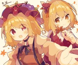 Rule 34 | 2girls, aki minoriko, aki shizuha, apron, autumn leaves, black neckwear, black skirt, blonde hair, bow, breasts, dated, food, food-themed hair ornament, fruit, grape hair ornament, grapes, hair ornament, hat, leaf, leaf hair ornament, leaf on head, long sleeves, looking at viewer, maple leaf, mina (sio0616), mob cap, multiple girls, open mouth, orange eyes, red apron, red eyes, red headwear, red shirt, shirt, short hair, skirt, small breasts, smile, touhou, white background, wide sleeves, yellow eyes, yellow shirt